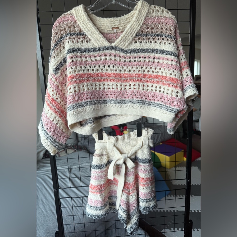 Free People Cream and Pink Knit Sweater & Shorts Set